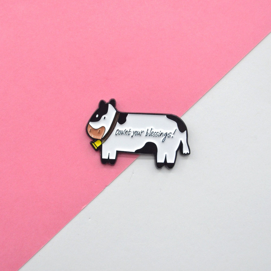 Cow Pin, Cownt Your Blessings enamel Pins & Stickers