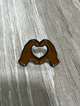 Load image into Gallery viewer, Melanin Heart Hands emoji pin, soft enamel. Stocking stuffer fun jacket accessory