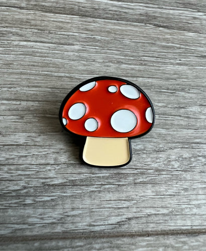 Mushroom emoji pin, soft enamel. Stocking stuffer fun jacket accessory