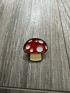 Mushroom emoji pin, soft enamel. Stocking stuffer fun jacket accessory