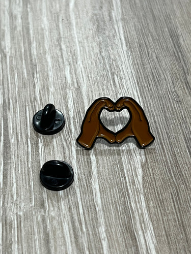 Melanin Heart Hands emoji pin, soft enamel. Stocking stuffer fun jacket accessory